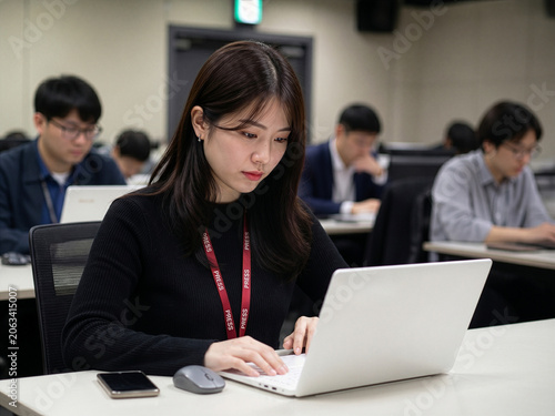 journalists writing articles in the press room using their laptop