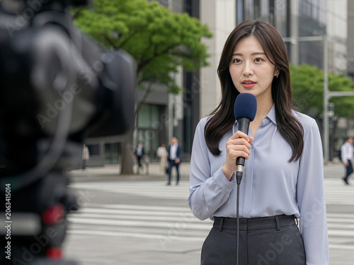young female journalist talking on the microphone in front of camera