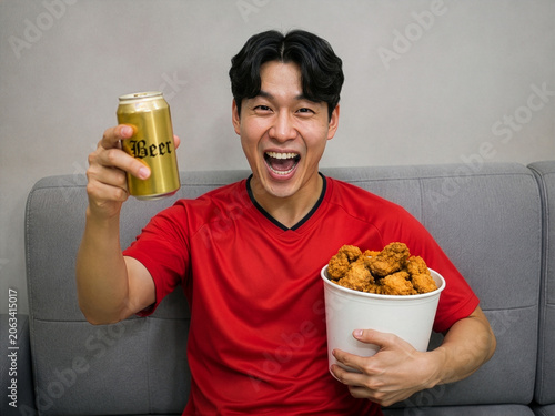 young man with beer and fried chicken at home