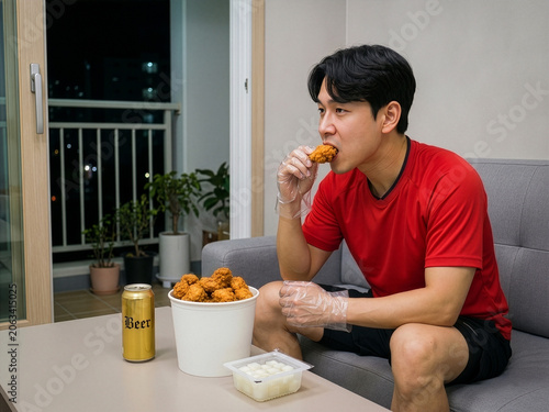young man eating chicken at home