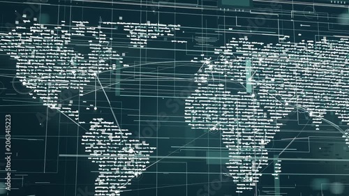 Starting camera panning text-map revealing Eurasia, Australia on teal display, showing node pulses