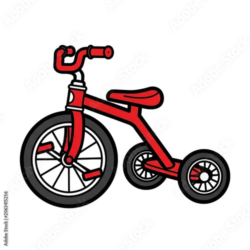 Red vintage style childrens bicycle with training wheels.