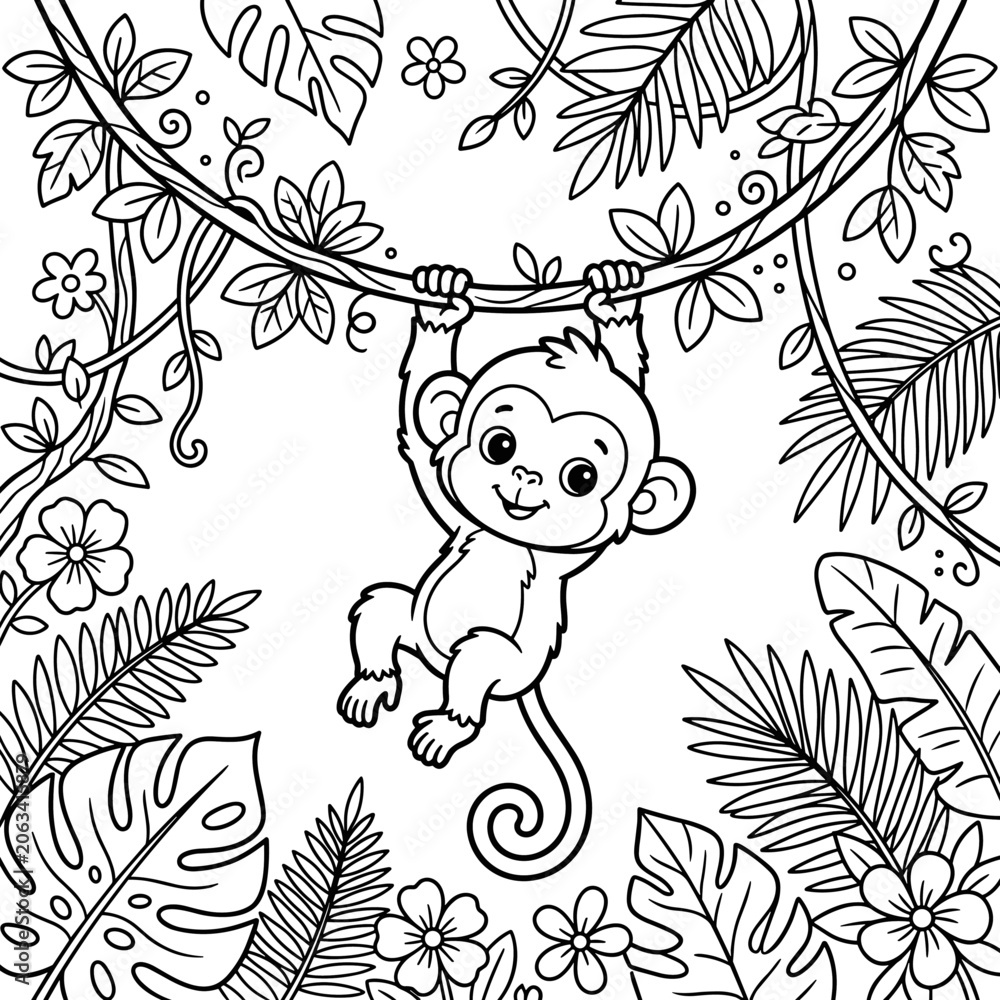 Fototapeta premium Cute monkey hanging from a vine in a jungle setting