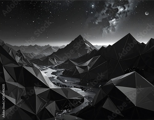 Black and white landscape of mountains and river with star-filled sky. Geometric faceted shapes create the image
