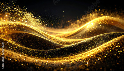 Flowing golden waves with shimmering particles, luxurious background for festive events, dynamic light effect