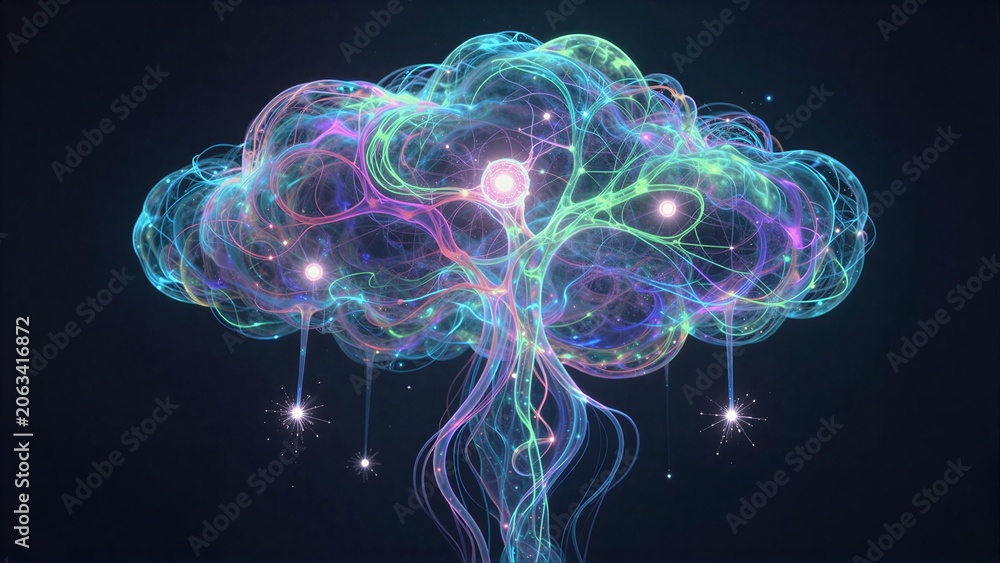 Fototapeta premium A glowing, colorful neural tree with radiant lights against a dark background.