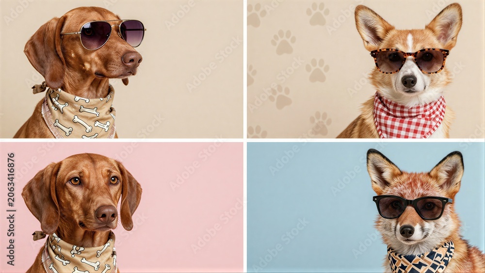 Fototapeta premium Four stylish pets in sunglasses and scarves, posing with cool confidence.