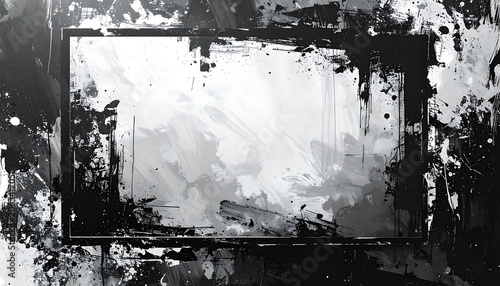 distressed black and white frame with grunge ink splatters and rough edges perfect for photography overlays