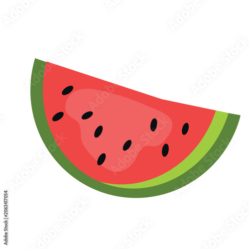 A vibrant flat illustration of a fresh watermelon slice isolated on a pure white background. This clean and modern fruit graphic captures the ultimate essence of summer, healthy eating, and organic fa