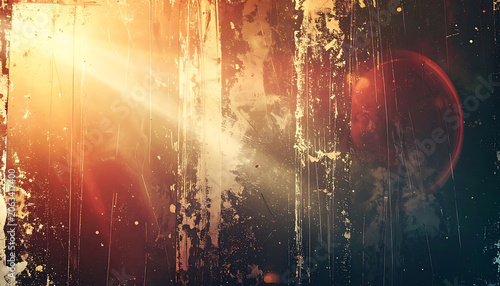 Distressed dark textured background with golden light rays, vintage film grain, grunge overlay, cinematic atmosphere, urban decay