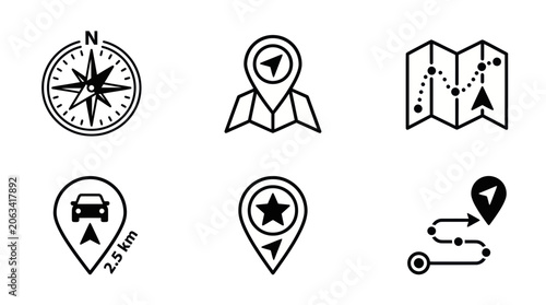 Navigation Icons: Compass, Map Pins, Route, Car Location, Star Marker