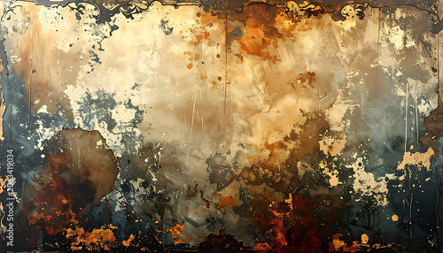 Distressed vintage grunge texture with moody brown and dark blue paint splashes, rustic weathered background for overlay and print design