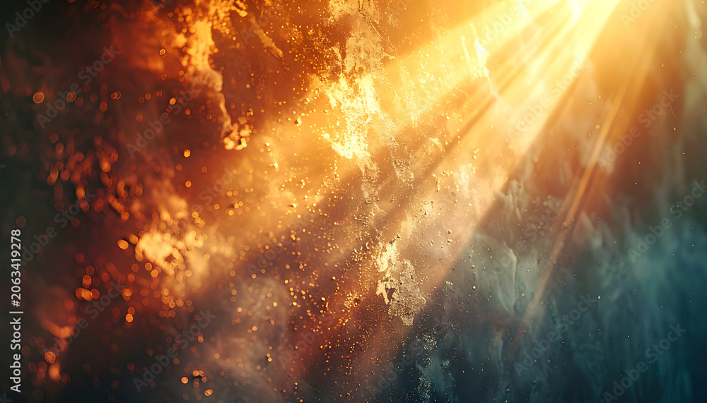 Obraz premium Abstract golden light rays beaming through dark smoky atmosphere with floating particles, dramatic atmospheric background for cinematic overlays