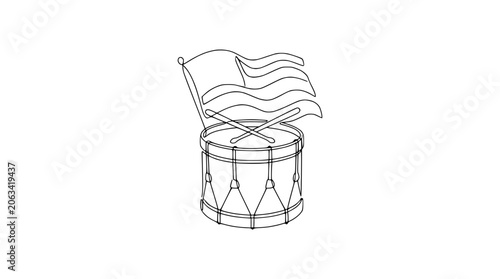 Line Art Drum and Waving Flag with Crossed Drumsticks
