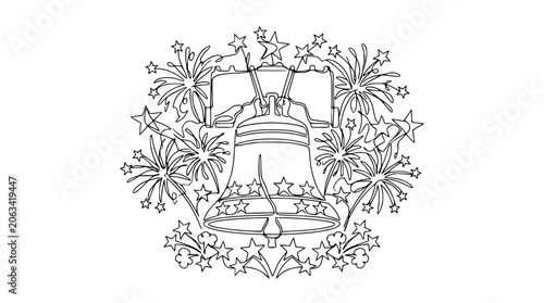 Liberty Bell Outline with Fireworks and Stars - Independence Day Vector Art
