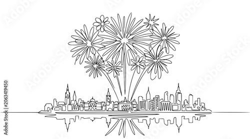 Continuous Line Drawing of City Skyline with Fireworks Display and Reflection