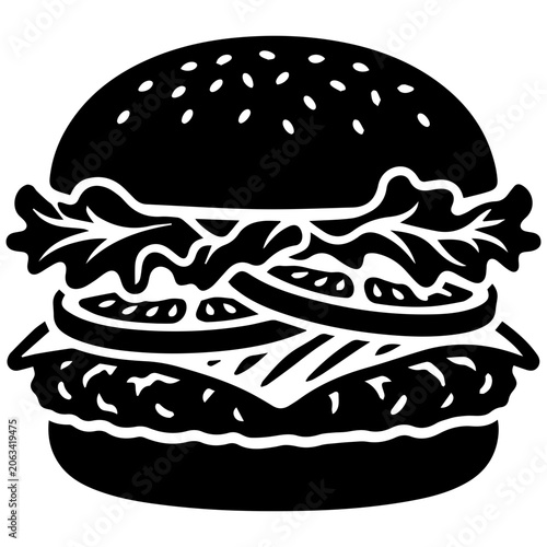 Black and white burger silhouette with stacked layers in minimalist vector style