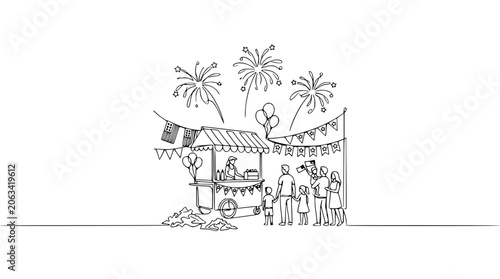 Hand-drawn illustration of a festive street food cart with people and fireworks, celebrating an event.