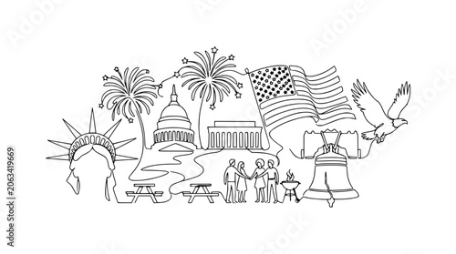 USA Patriotic Collage: Landmarks, Flag, Eagle, Fireworks, and People Celebrating