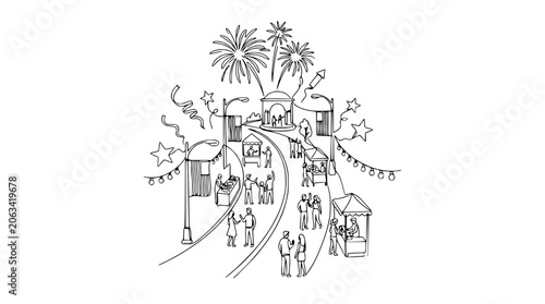 Hand-drawn sketch of a lively street fair with people, stalls, fireworks, and decorations.