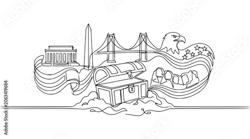 USA Landmarks and Treasure Chest Collage: Lincoln Memorial, Washington Monument, Bridge, Eagle, Mount Rushmore