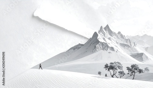 Black and white landscape with a lone figure walking toward snow-capped mountains