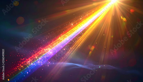 dynamic golden light beam with rainbow particles and lens flare against dark background for magical or sci-fi energy effects