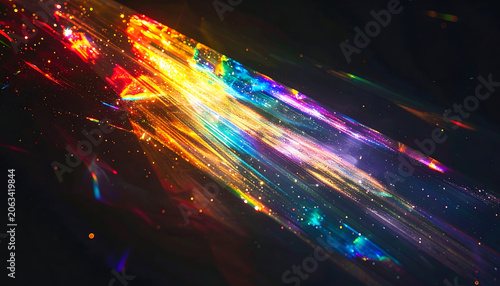 dynamic abstract light streaks with glowing particles and vibrant rainbow colors on dark background, high energy motion, futuristic digital flow