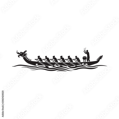 Fotografie Dragon boat silhouette with rowers on water black on white background