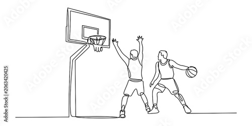 Quadro su tela Two basketball players playing a game, one dribbling and one defending near the hoop, drawn in a continuous line art style