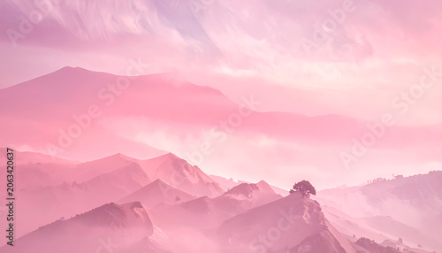 ethereal misty mountain landscape in soft pink hues, atmospheric dawn light, serene wilderness, tranquil nature, calm horizon