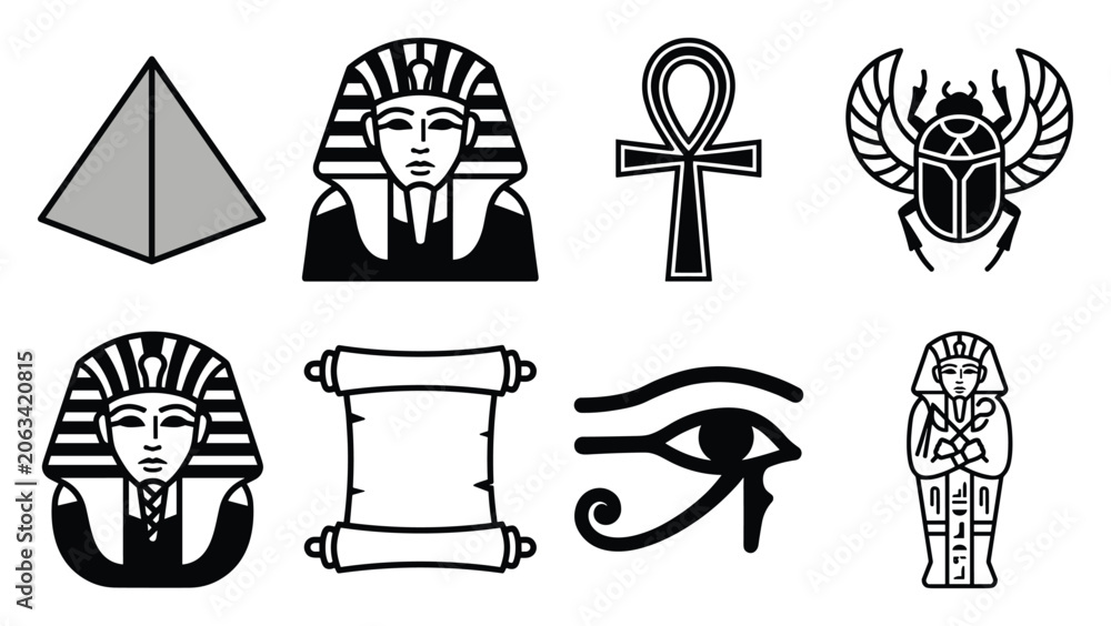 Fototapeta premium Adobe illustrator artwork,Ancient Egypt icon set with pyramid pharaoh ankh scarab eye of Horus and papyrus scroll isolated on white background, Egyptian culture symbol vector illustration