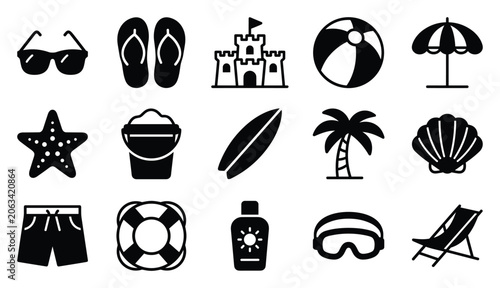 Adobe illustrator artwork,Summer beach icon set with sunglasses flip flops sandcastle ball umbrella palm tree and starfish isolated on white background, vacation travel symbol vector illustration