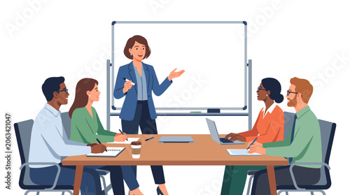 Flat Diverse team in a business meeting with a female leader presenting at a whiteboard Vector