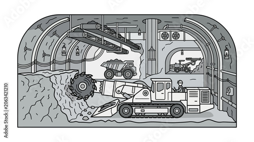 Underground mining chamber with loader and heavy transport truck.