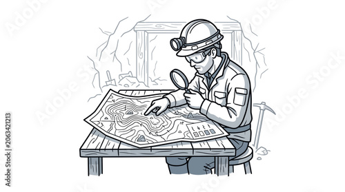 Geologist studying mining map inside an underground tunnel.