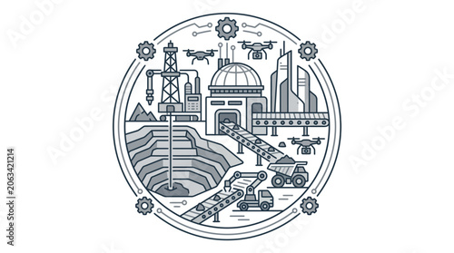 Circular smart quarry diagram with automation and drones.