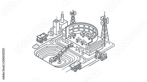 Isometric modern mining facility with telecommunications infrastructure.