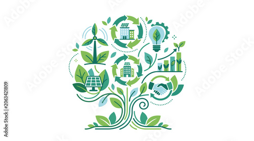 Flat Sustainable Ecosystem Concept Tree with Renewable Energy and Green Business Icons Vector