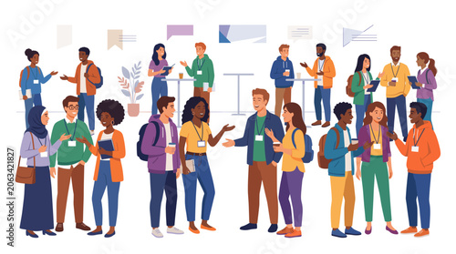 Flat Diverse group of people networking and conversing at a conference or event Vector