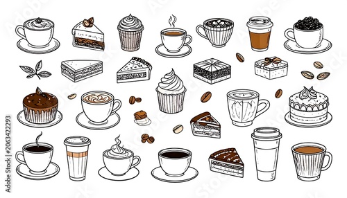 Black and white line art collection with various coffee and pastry items