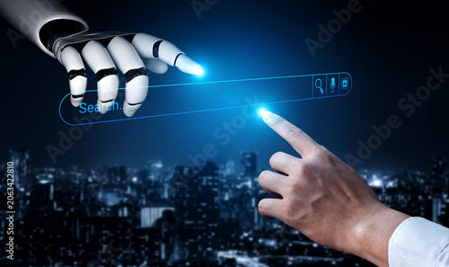 Εκτύπωση καμβά Futuristic interaction between human finger and robotic hand with digital search