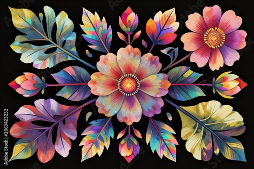 A bunch of colorful flowers on a black background