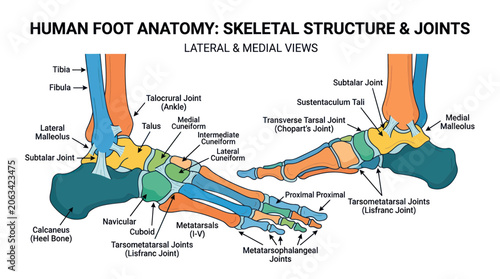 Fotografie Human Foot Anatomy Skeletal Structure and Joints - Lateral and Medial Views