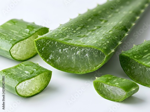 Freshly cut aloe vera leaves with water droplets showcasing natural health benefits