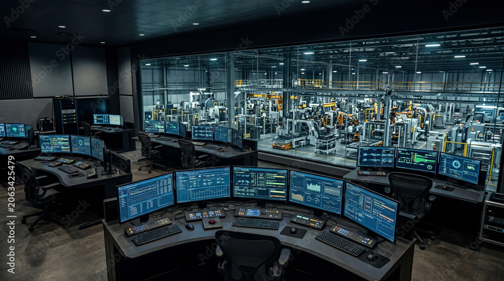 Obraz premium Empty Control Room Overlooking Automated Factory Floor with Massive Glass Windows Plant Operations Control Center