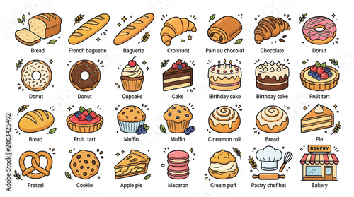 Bild auf Leinwand Assortment of Fresh Baked Goods and Pastries - Vector Illustration