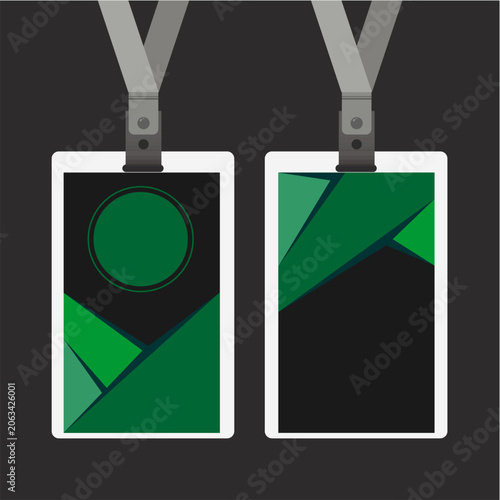 Vector mockup of two identification card badges with a green and black geometric corporate design, hanging on lanyards against a dark background.