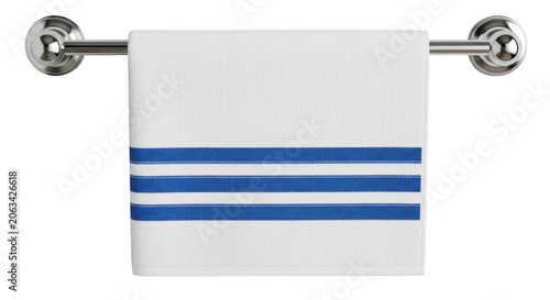 Blue and white striped towel hanging on hooks