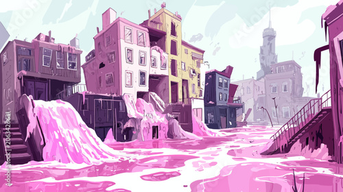 A surreal seaside city flooded with pink waves, pastel buildings, and stairways!